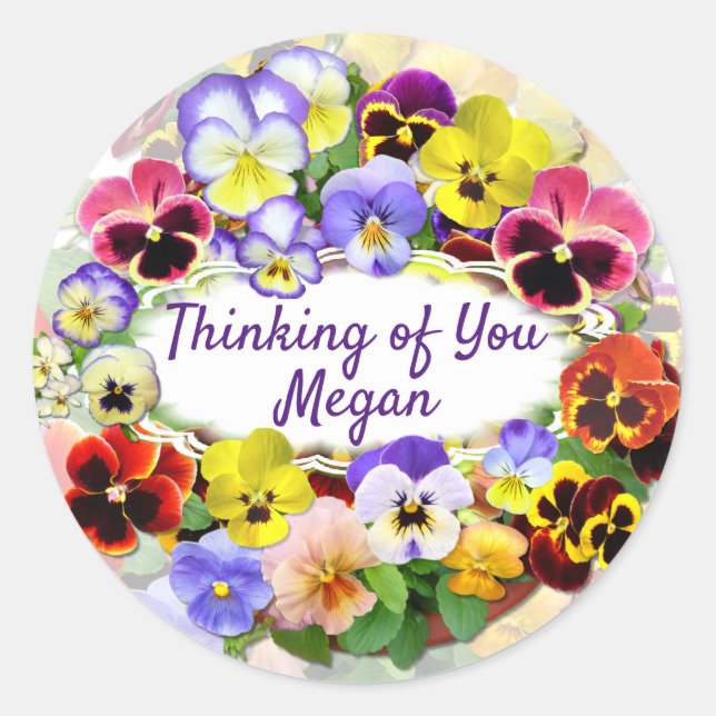 Colourful Pansies Thinking of You Classic Round Sticker (Front)