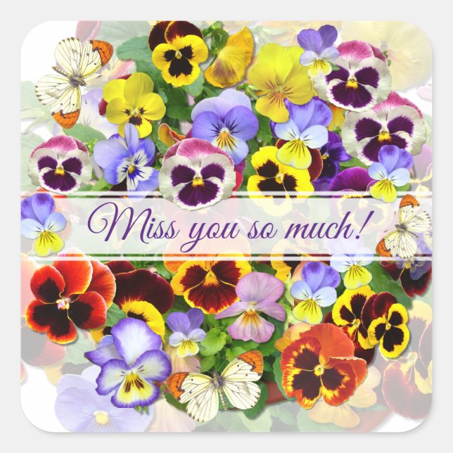 Colourful Pansy Arrangement Miss You Square Sticker (Front)