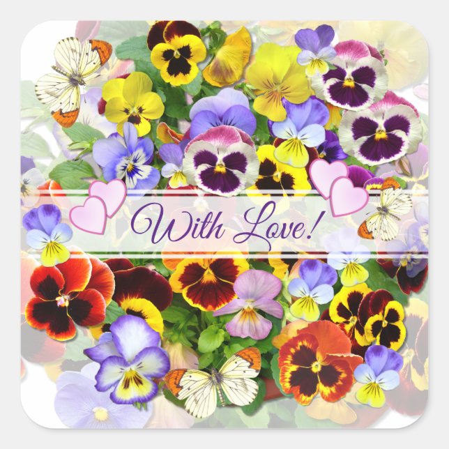 Colourful Pansy Arrangement with Butterflies  Squa Square Sticker (Front)