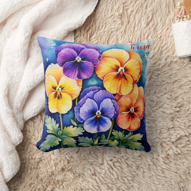 Colourful Pansy February Birth Flower Personalised Cushion (Blanket)