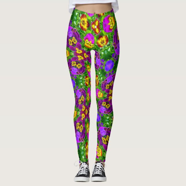 Colourful Pansy Pattern Leggings (Front)