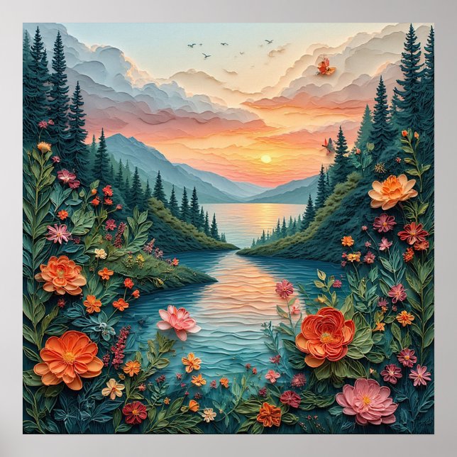 Colourful Paper Art Scene of a Sunset Poster (Front)