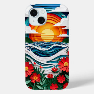 Colourful Paper Art Sunset Scene with Flowers iPhone 15 Case
