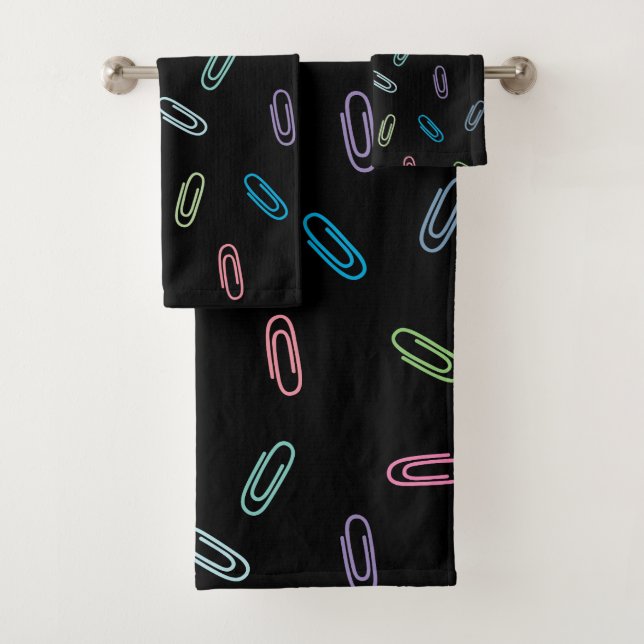 Colourful Paper Clips Pattern on Black Bath Towel Set (Insitu)