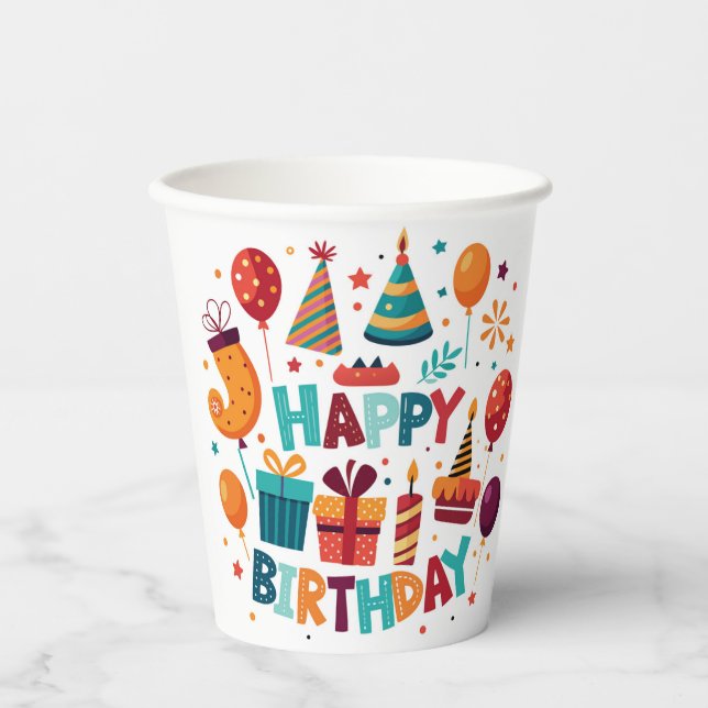 Colourful Paper Cups for Birthday Fun (Front)