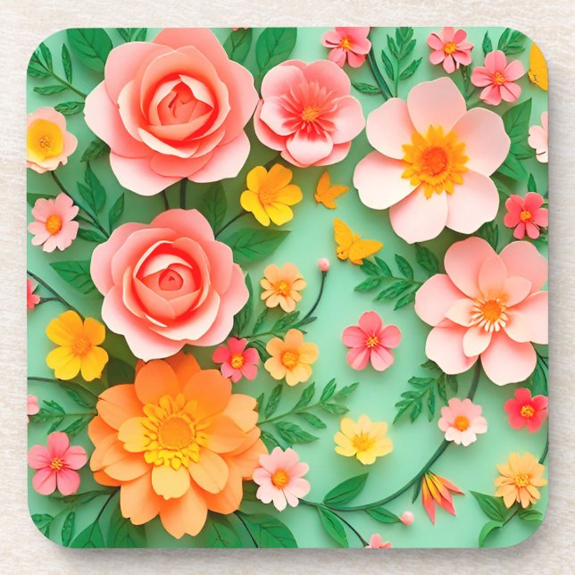 Colourful Paper Flower Arrangement Coaster (Front)