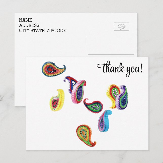 Colourful Paper Quilled Paisleys Thank You Postcar Postcard (Front/Back)