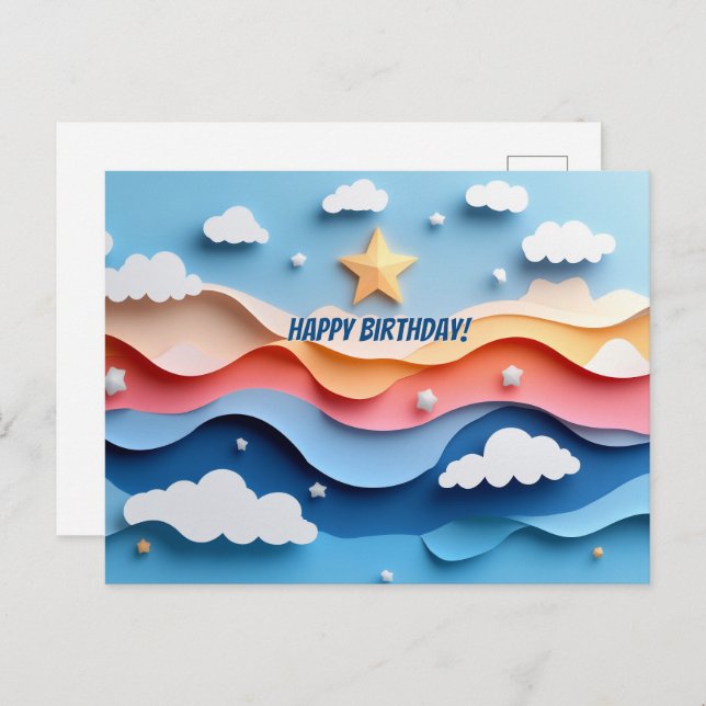 Colourful Papercut Fireworks Birthday Postcard (Front/Back)