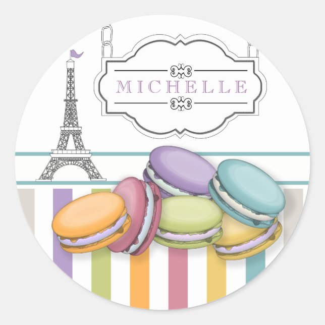 Colourful Paris Macaron Eiffel Tower Monogram Classic Round Sticker (Front)