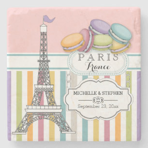 Colourful Paris Macaron Eiffel Tower Names Wedding Stone Coaster