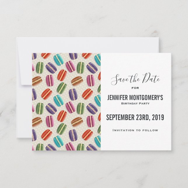 Colourful Parisian Macarons Pattern Birthday Save The Date (Front)