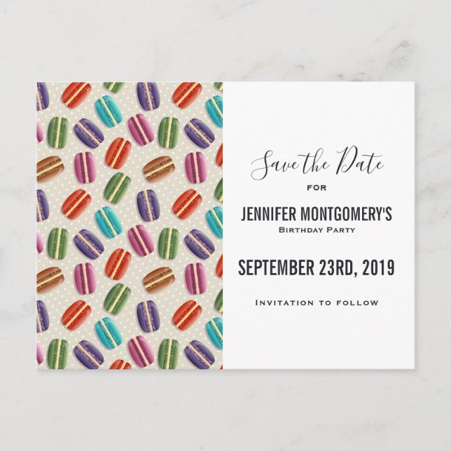 Colourful Parisian Macarons Pattern Save the Date Postcard (Front)