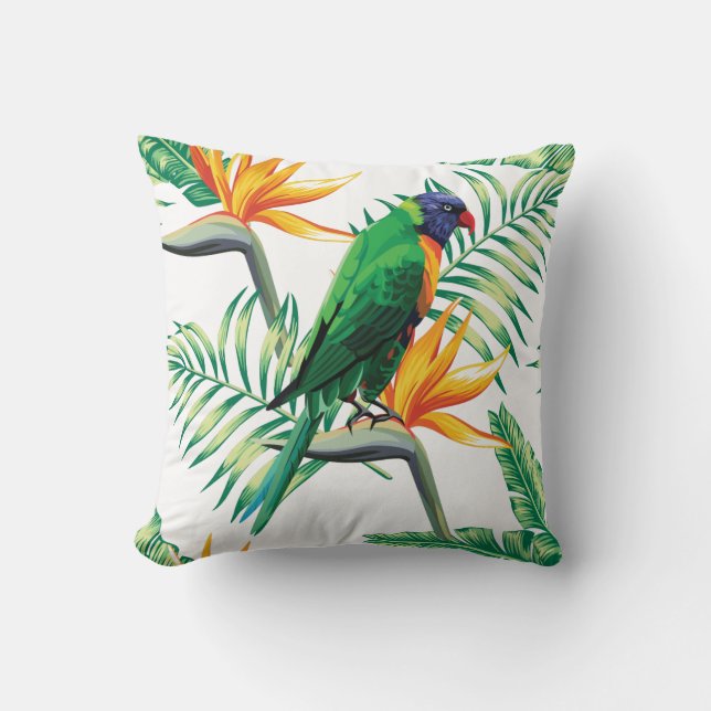 Colourful Parrot And Exotic Plants Cushion (Front)