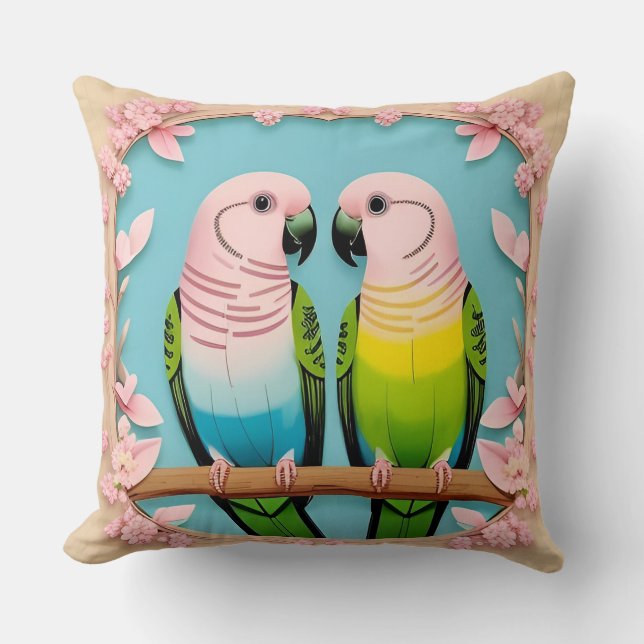 Colourful Parrot Couple on Floral Branch Cushion (Front)