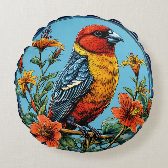 Colourful Parrot crossbill Bird Round Cushion (Front)