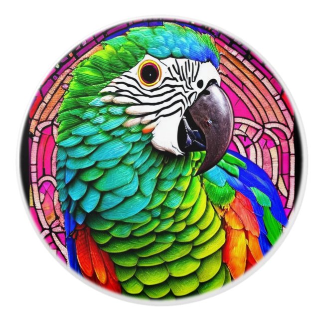 Colourful parrot illustration in front of pink bac ceramic knob (Front)