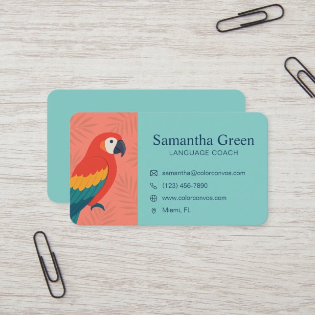 Colourful Parrot Language Tutor Business Card (Front/Back In Situ)