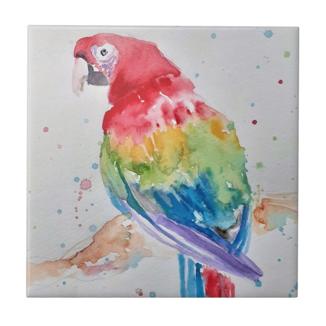 Colourful Parrot Macaw Watercolor Ceramic Tile (Front)