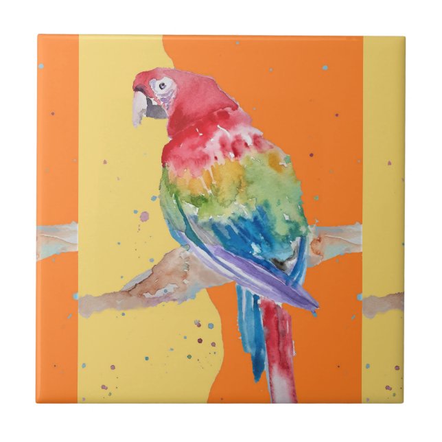 Colourful Parrot Macaw Watercolor Ceramic Tile (Front)