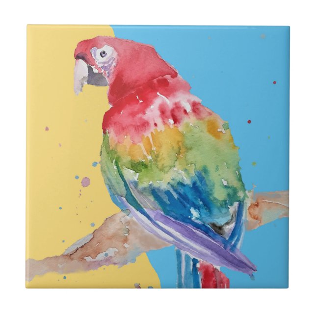 Colourful Parrot Macaw Watercolor Ceramic Tile (Front)