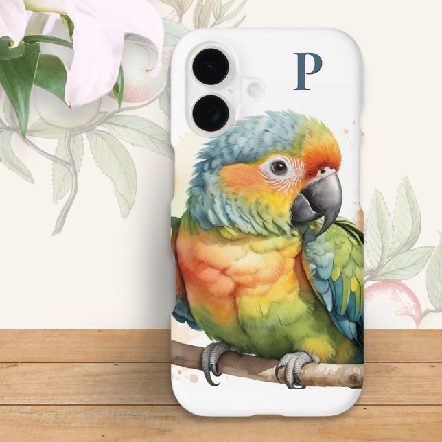 Colourful Parrot Monogram Tropical Bird Wildlife (A monogrammed phone case with colorful parrot picture in a watercolor style)