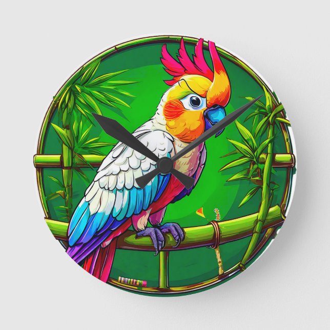 Colourful parrot round clock (Front)