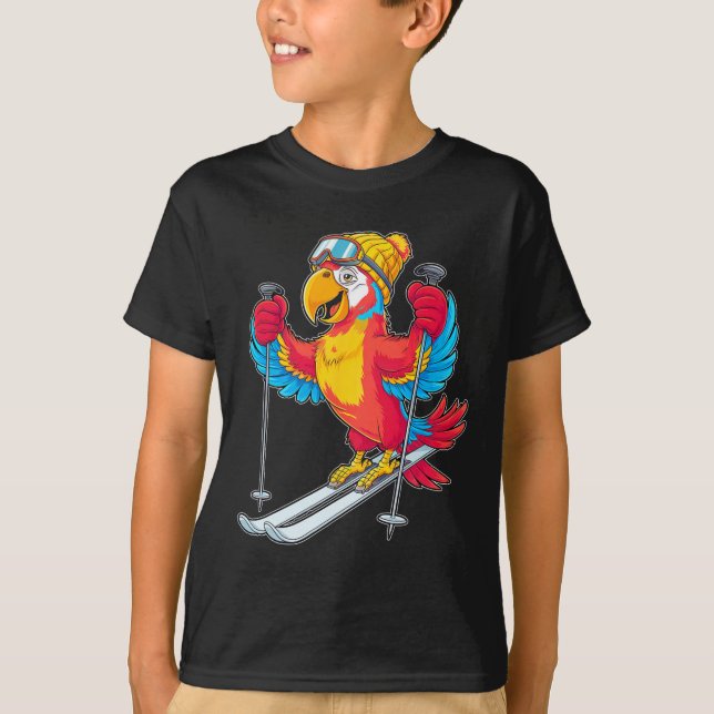 Colourful Parrot Skiing Adventure Winter Fun  T-Shirt (Front)