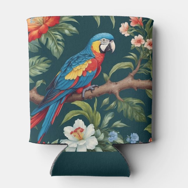 Colourful Parrot Tropical Jungle Leaves Can Cooler (Back)