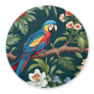 Colourful Parrot Tropical Jungle Leaves Ceramic Knob