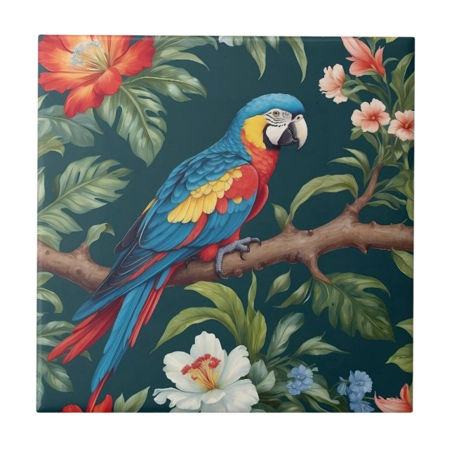 Colourful Parrot Tropical Jungle Leaves Ceramic Tile (Front)