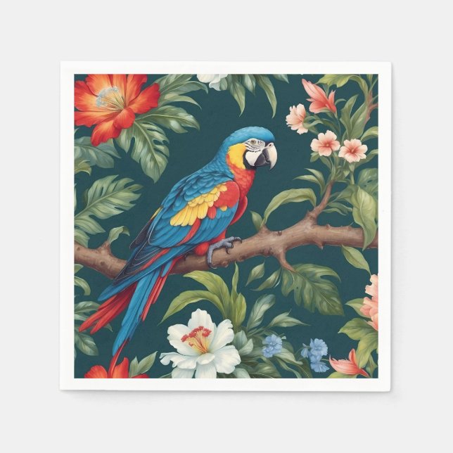 Colourful Parrot Tropical Jungle Leaves Napkin (Front)