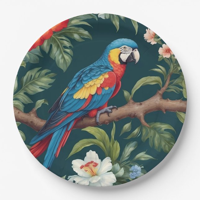 Colourful Parrot Tropical Jungle Leaves Paper Plate (Front)