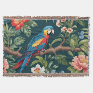 Colourful Parrot Tropical Jungle Leaves Throw Blanket