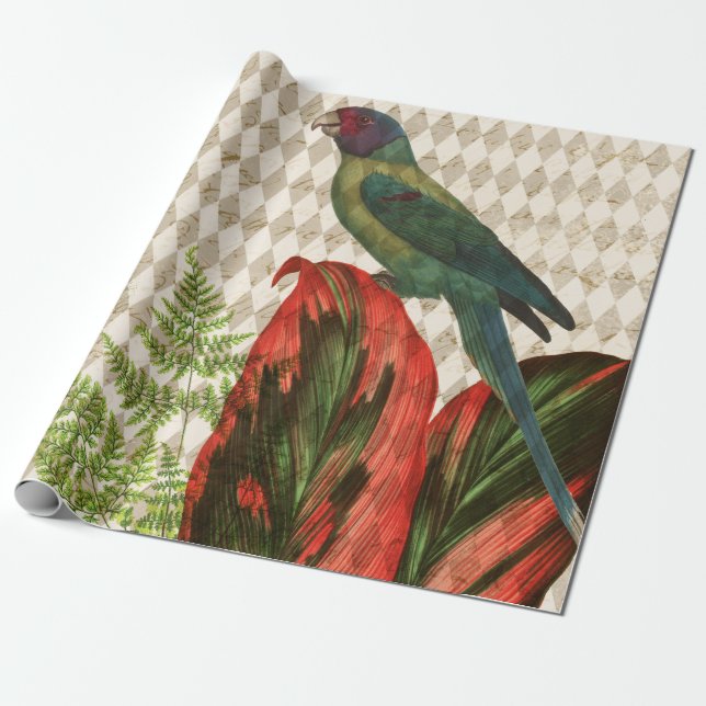 Colourful Parrot with Red Leaves Wrapping Paper (Unrolled)
