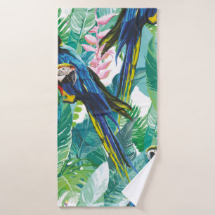 colourful parrots and exotic flowers bath towel
