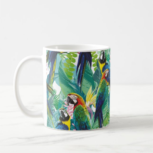 colourful parrots and exotic flowers coffee mug (Left)