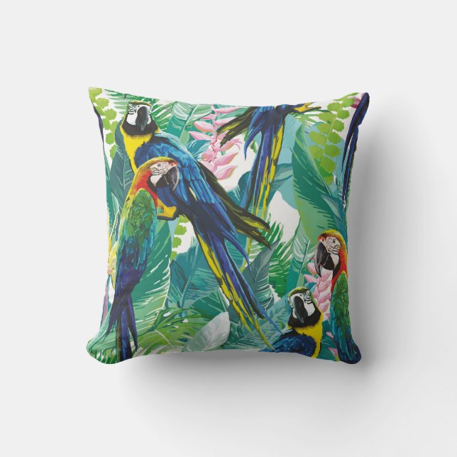 colourful parrots and exotic flowers cushion (Front)