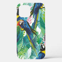 colourful parrots and exotic flowers