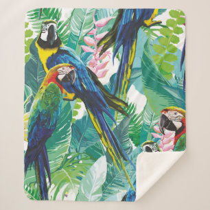 colourful parrots and exotic flowers sherpa blanket