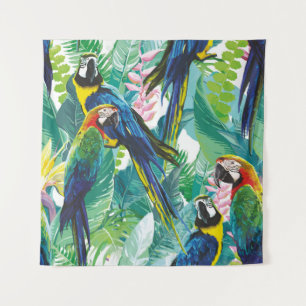 colourful parrots and exotic flowers tapestry