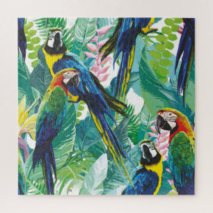 Colourful Parrots: Exotic Floral Mix Jigsaw Puzzle