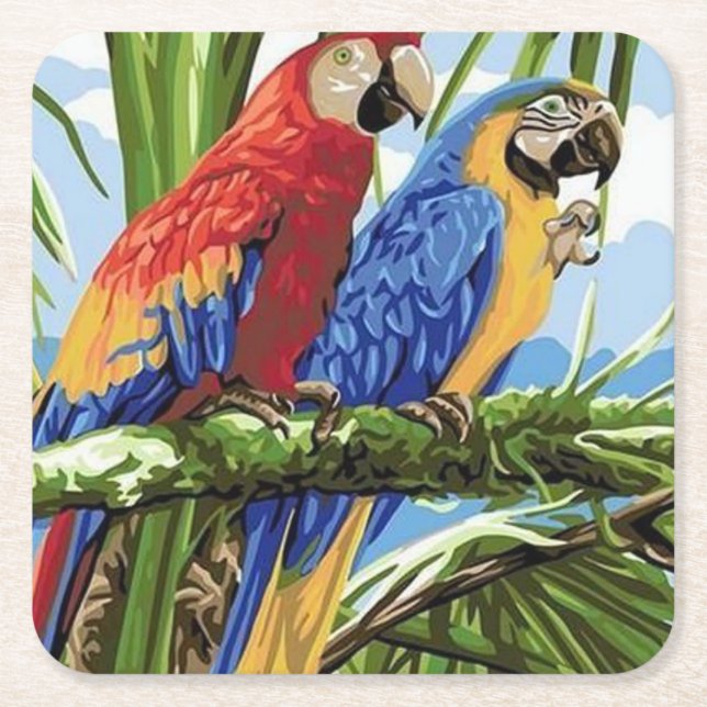 Colourful Parrots Fine Art Square Paper Coaster (Front)