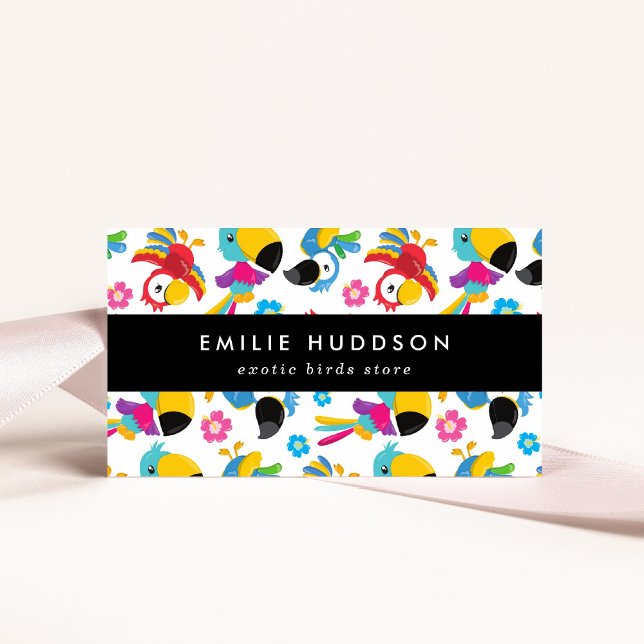 Colourful Parrots, Flowers, Pet Shop, Bird Store Business Card (Creator Uploaded)