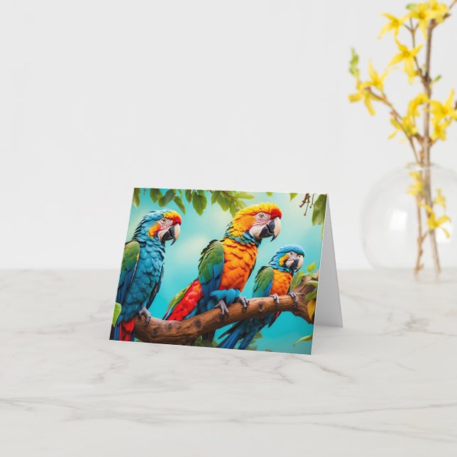 Colourful Parrots Folded blank Greeting Card (Yellow Flower)