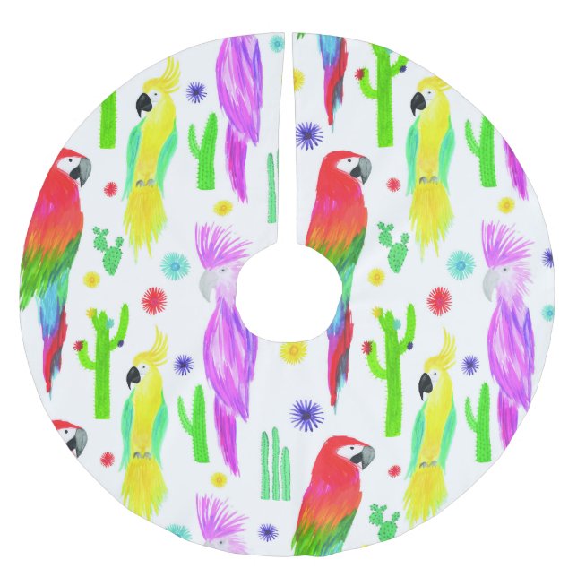Colourful parrots, hand-drawn pattern. brushed polyester tree skirt (Front)