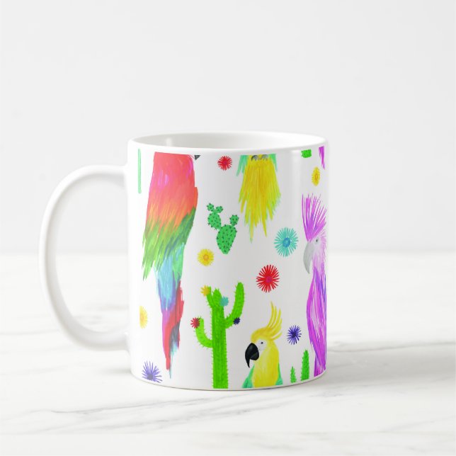 Colourful parrots, hand-drawn pattern. coffee mug (Left)