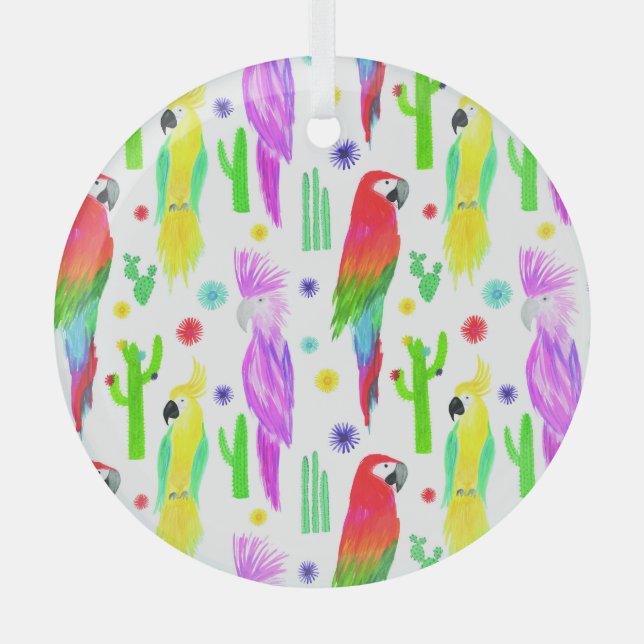 Colourful parrots, hand-drawn pattern. glass tree decoration (Front)