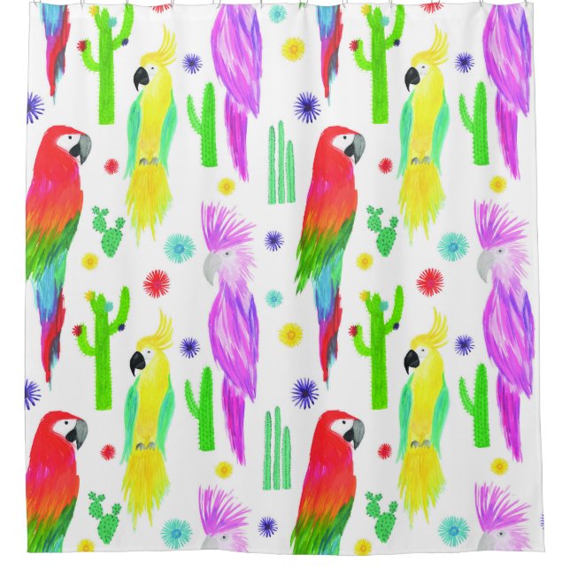 Colourful parrots, hand-drawn pattern. shower curtain (Front)