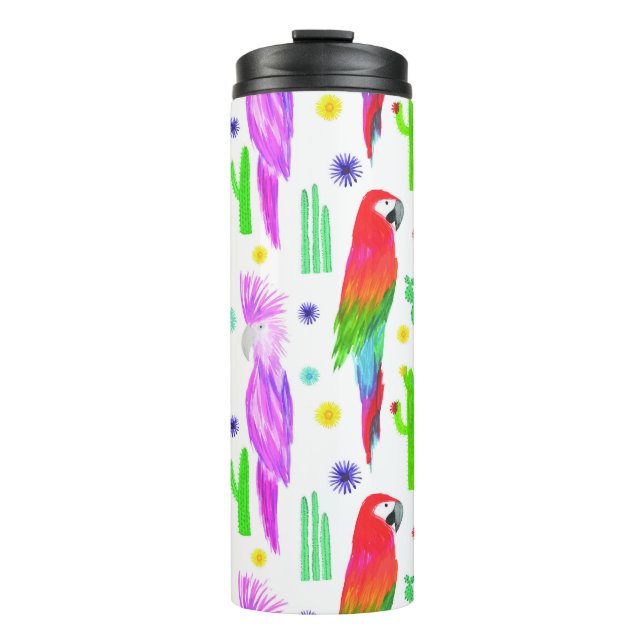 Colourful parrots, hand-drawn pattern. thermal tumbler (Front)