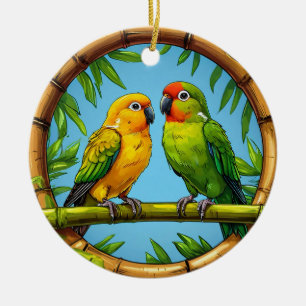 Colourful Parrots Perched on a Bamboo Frame Ceramic Ornament